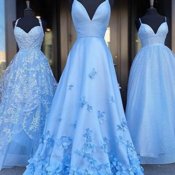 Dresses & Skirts - Charming Blue Spaghetti Straps V Neck Flowers Long Prom Dresses Satin Formal 